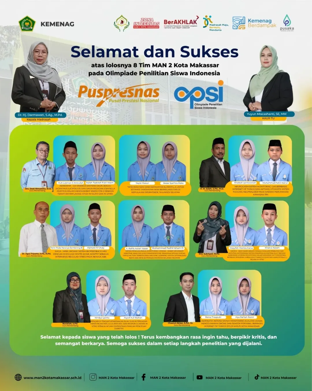 8 Tim Riset MAN 2 Kota Makassar Lolos Seleksi Olimpiade Penelitian Siswa Indonesia (OPSI) 2026